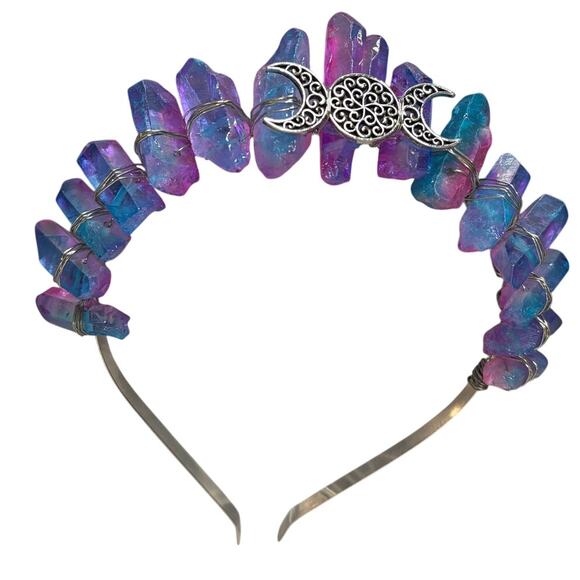 Crystal Rough Quartz Tiara Headband w/ Moon Charm - Pink and Blue - Picture 3 of 4